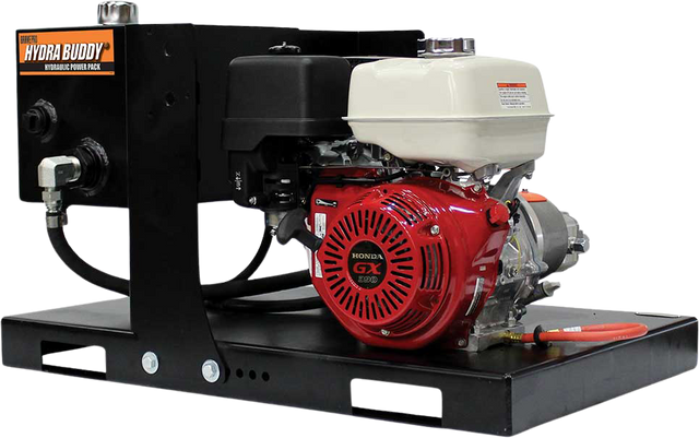 The Brave Skid Mount Hydraulic Power Pack with its black skid base, red engine, and hydraulic tank is shown at a three-quarter angle against a transparent background.