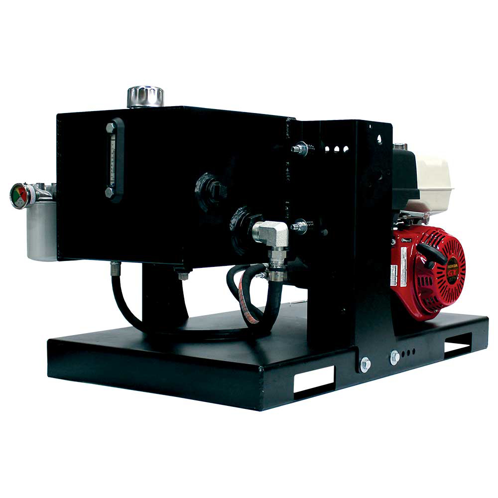 A side view of the Brave HBHS300GX hydraulic power pack, showcasing the black hydraulic tank, hoses, and the Honda engine on a white background.