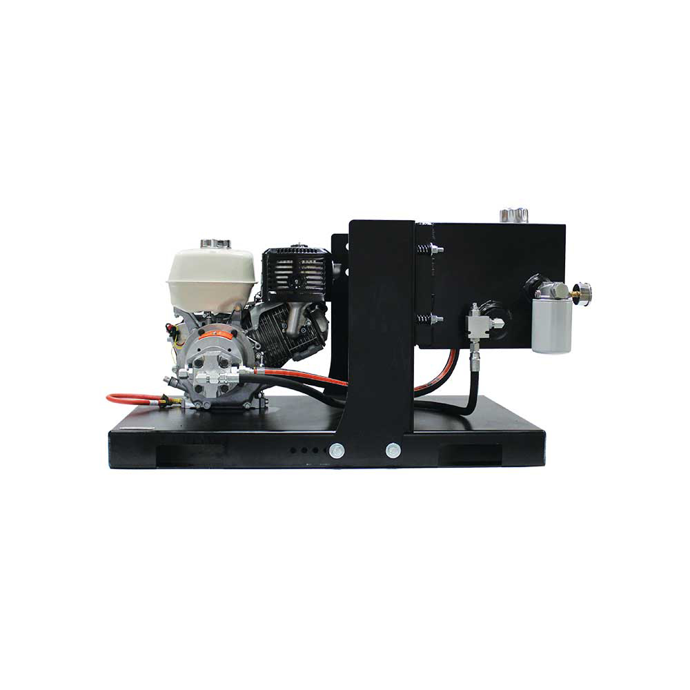 A side view of the Brave HBHS300GX hydraulic power pack on its skid mount, with the red Honda engine on the left and the black tank on the right.