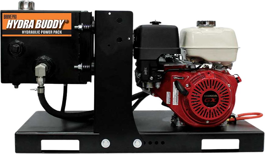 A front view of the Brave Hydra Buddy Hydraulic Power Pack, featuring the black base and tank alongside a red and white Honda GX engine. The Hydra Buddy logo is visible on the side of the tank.