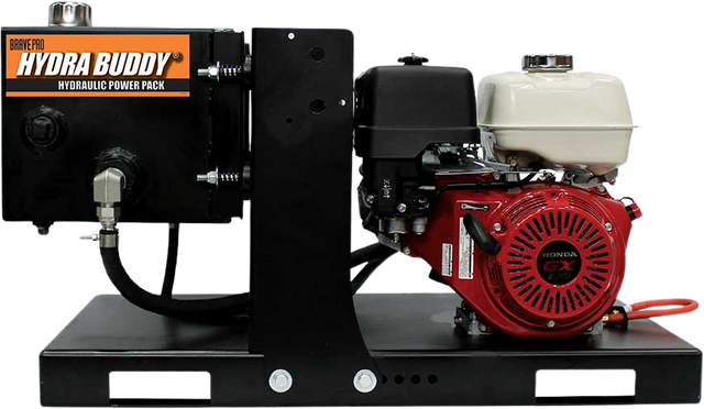 A front view of the Brave Hydra Buddy Hydraulic Power Pack, featuring the black base and tank alongside a red and white Honda GX engine. The Hydra Buddy logo is visible on the side of the tank.