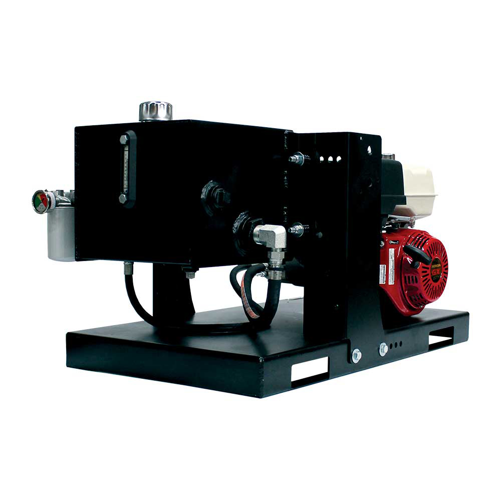 A side view of the black Brave Hydra Buddy hydraulic power pack, showing the red Honda engine, a black rectangular tank, and the mounted base.