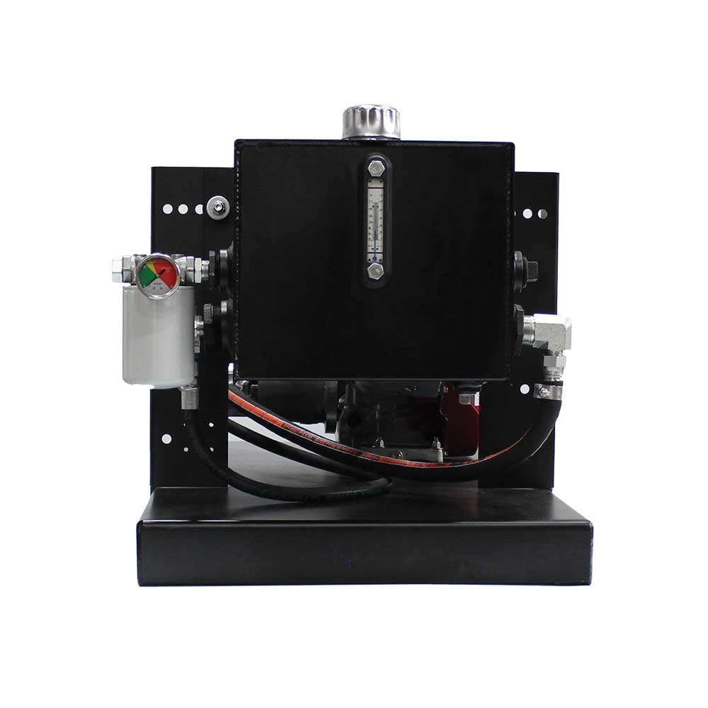 A front-facing shot of the Brave Hydra Buddy hydraulic power pack, emphasizing the black hydraulic tank with its fill cap and oil level gauge, hoses, and attached components.