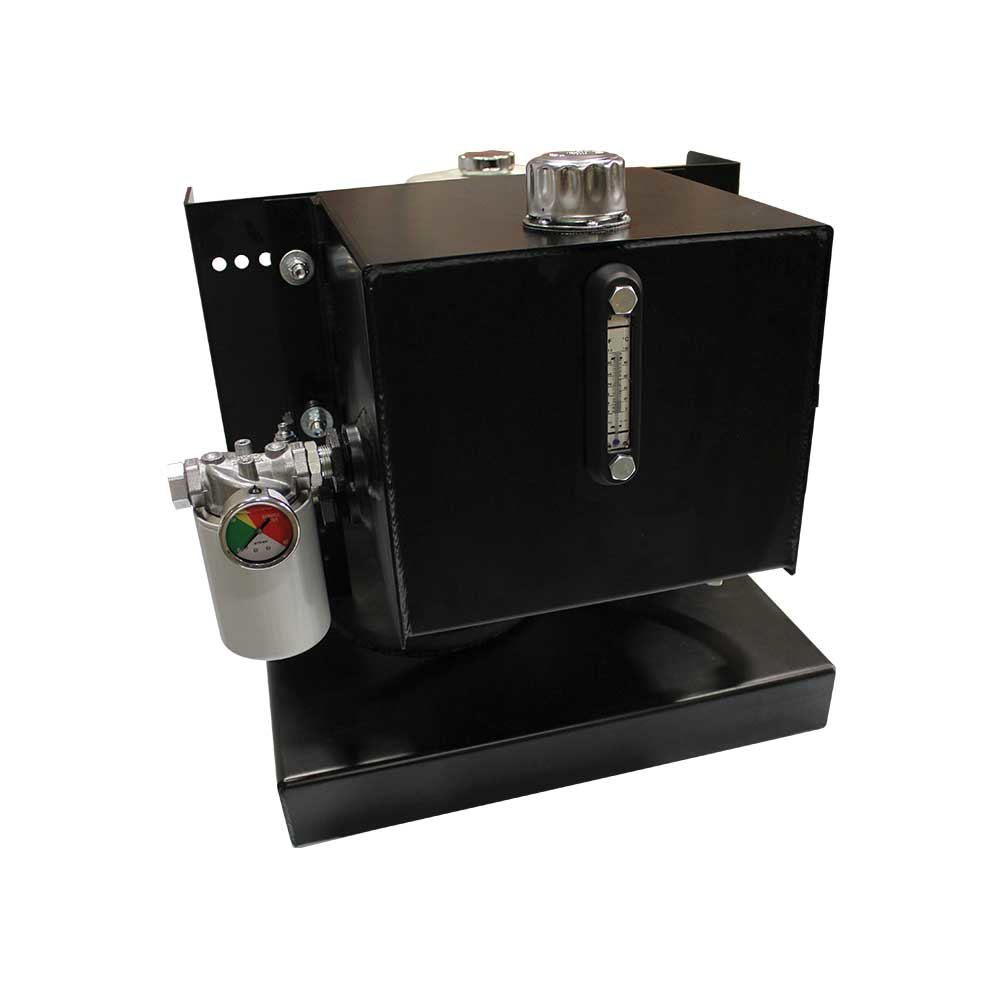 A three-quarter view of the black Brave Hydra Buddy Hydraulic Power Pack, showcasing the main rectangular tank with a pressure gauge and an attached filter system.