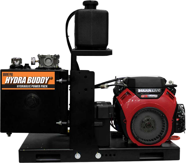 The Brave Skid Mount Hydraulic Power Pack with its black frame, hydraulic oil tank, and red Honda GX engine against a transparent background. A "HYDRA BUDDY" logo is on the side of the tank.