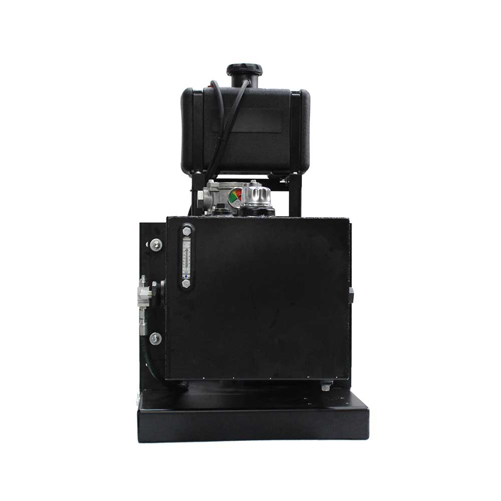 A side view of the Brave Skid Mount Hydraulic Power Pack with a large black hydraulic oil tank and a red Honda engine on a skid base, set against a white background.