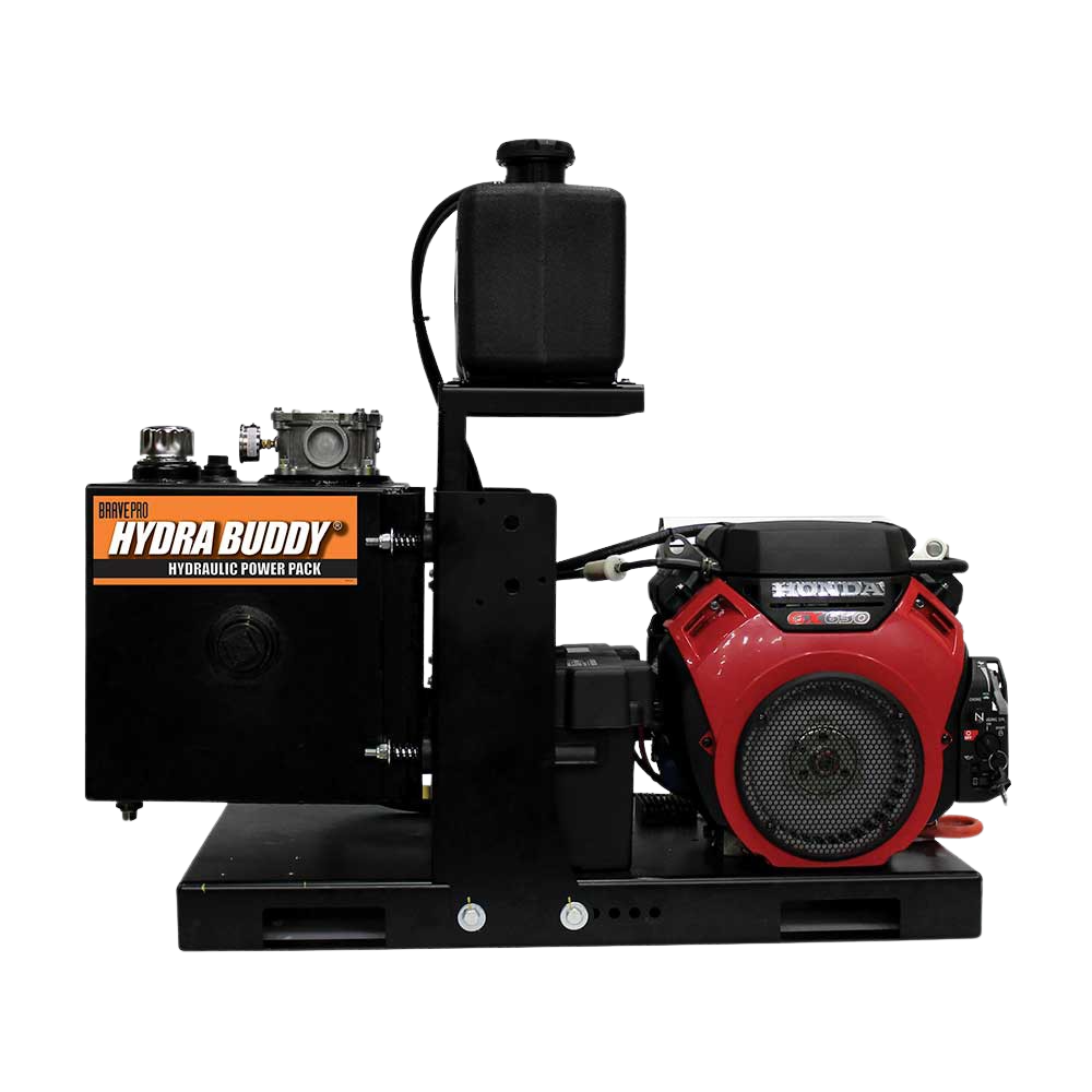 The Brave Skid Mount Hydraulic Power Pack is viewed from an angle against a transparent background, showcasing the black skid frame, the hydraulic oil tank, and the red Honda engine.