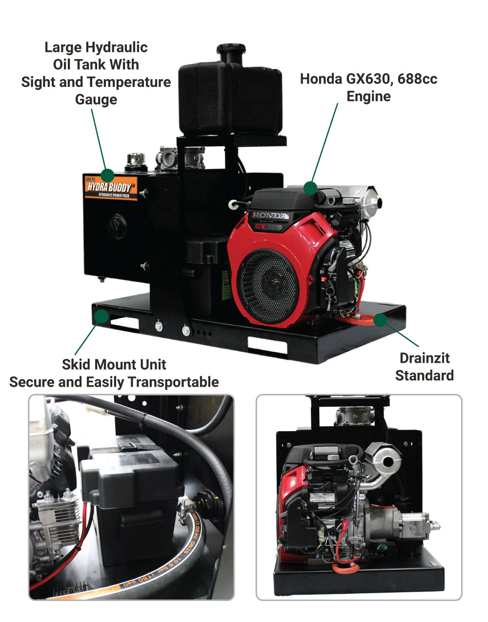 An annotated diagram of the Brave Skid Mount Hydraulic Power Pack. The image points out key features like the Large Hydraulic Oil Tank With Sight and Temperature Gauge, Honda GX630, 688cc Engine, and Skid Mount Unit Secure and Easily Transportable. Two inset graphic show details of the control valve and the engine.