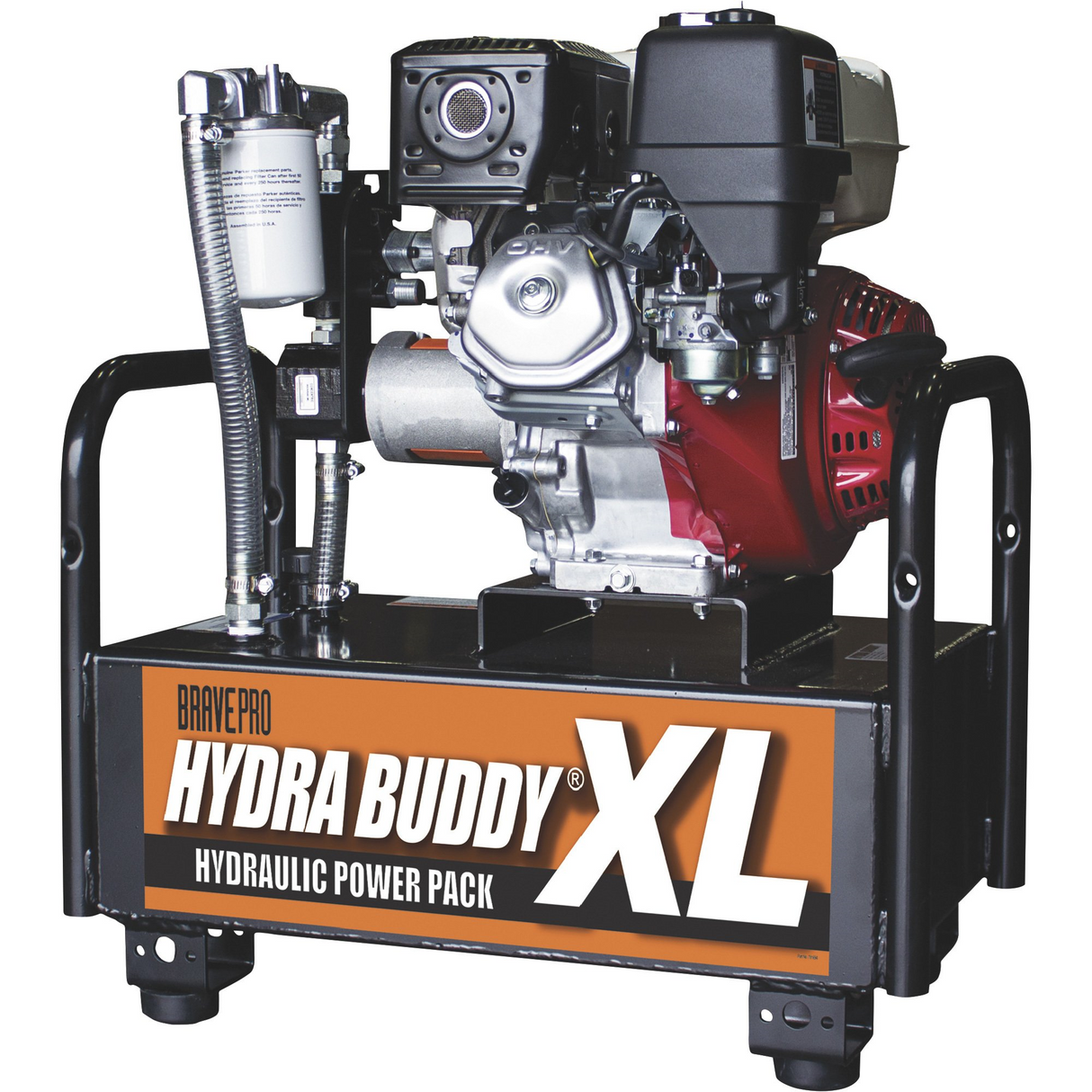 A Brave Portable Hydraulic Power Pack with a red engine and large orange "HYDRA BUDDY XL" logo, shown from a front-right angle.