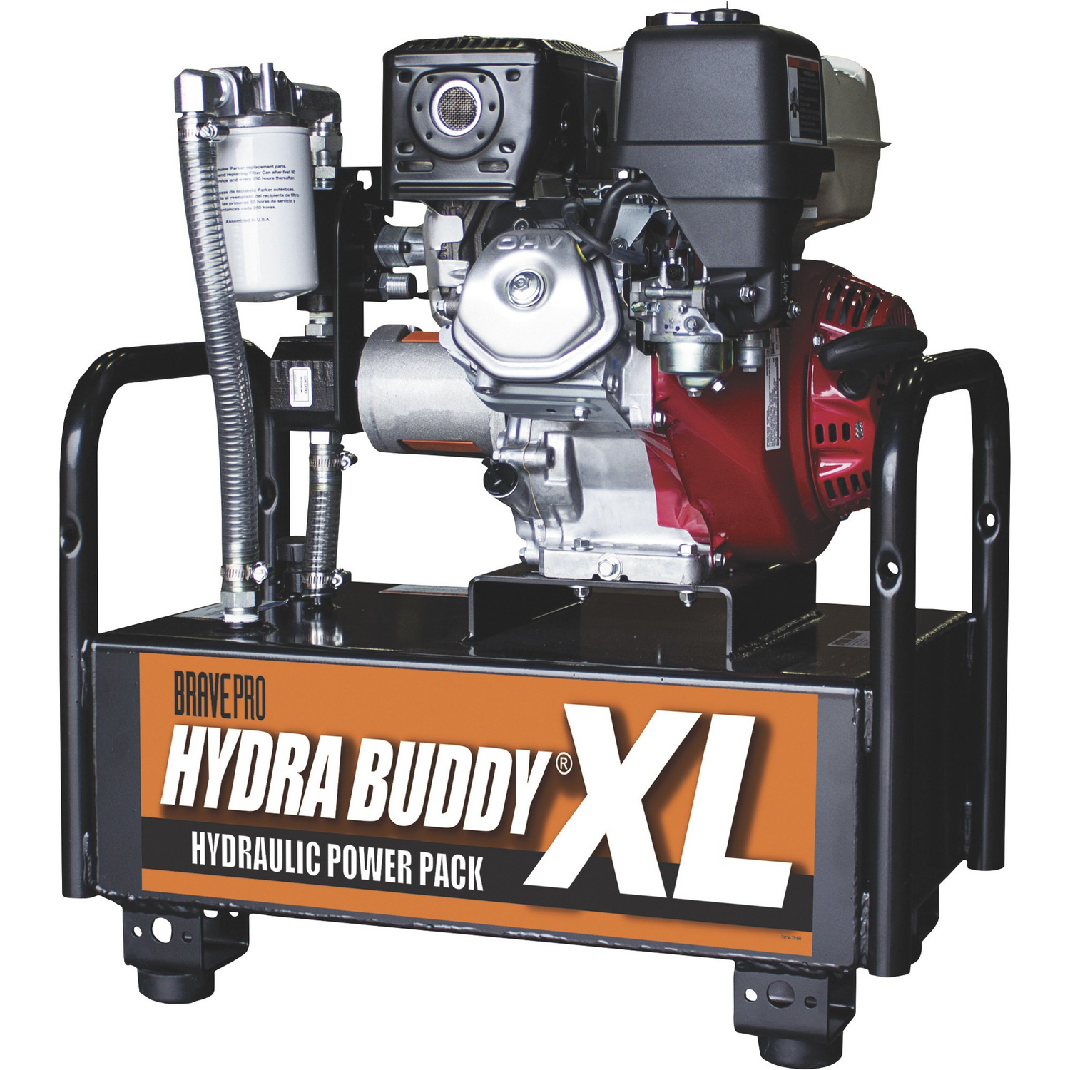 A Brave Portable Hydraulic Power Pack with a red engine and large orange "HYDRA BUDDY XL" logo, shown from a front-right angle.
