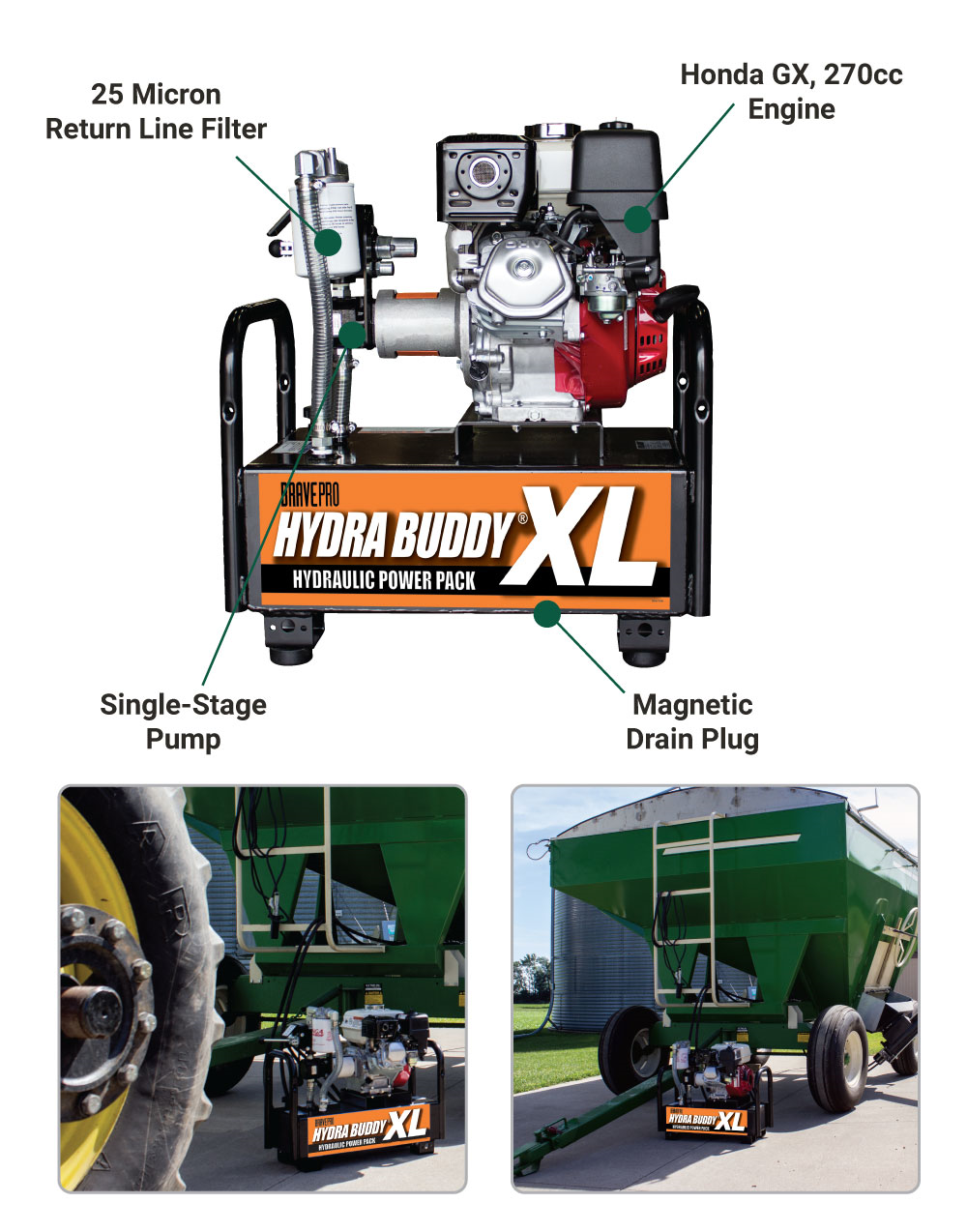 A Brave Portable Hydraulic Power Pack with callouts pointing to a 25 Micron Return Line Filter, Honda GX 270cc Engine, Single-Stage Pump, and Magnetic Drain Plug, along with two images showing it connected to farming equipment.