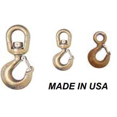 A set of three replacement hooks for Haugen equipment, including a gold 5 Ton Swivel Hook and two smaller gold swivel hooks, with a "MADE IN USA" text overlay and shown in a white background