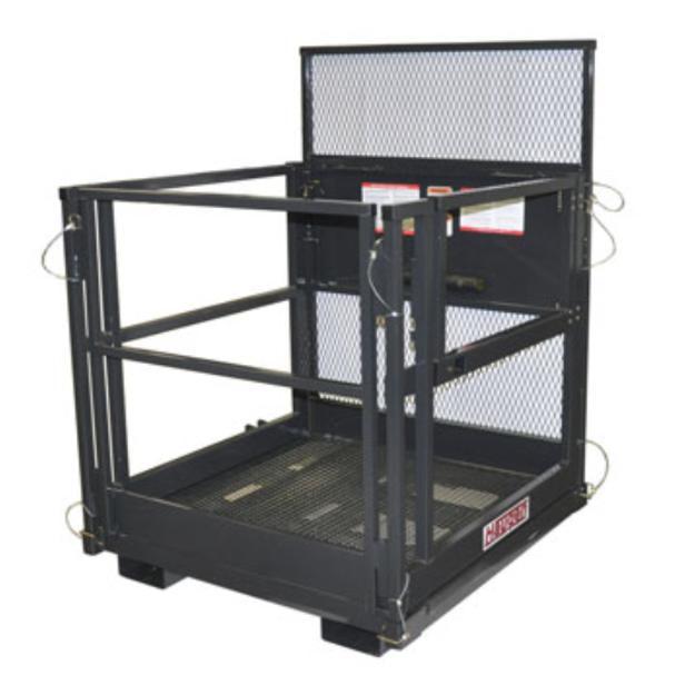 A black Handyman Platform for Mast Style Forklifts, featuring a 60-inch high back, inward-swinging doors, and a 1,000 lbs capacity.