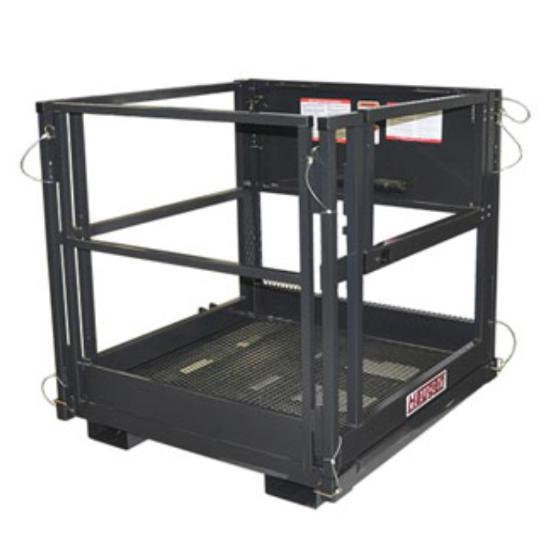 A black Handyman Platform for Mast Style Forklifts, meeting OSHA/ANSI B56.6-2016 and CSA B335 standards with its collapsible railings and steel mesh floor.