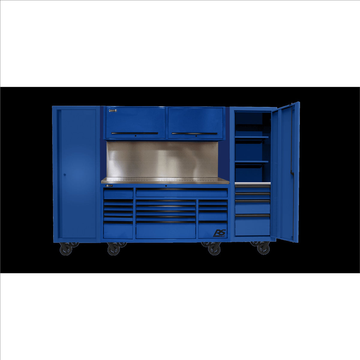 Homak 120? RS PRO CTS Roller Cabinet & Side Lockers Combo with Solid Backsplash - Blue