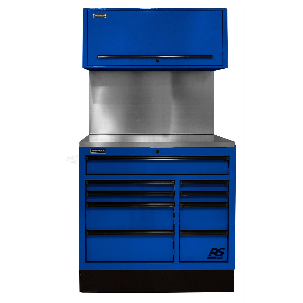 Homak 41 in. Centralized Tool Storage(CTS) Set includes Roller Cabinet,Canopy,Support Beams,Base Guard, Stainless Steel Top, Leg Levelers, and Solid Back Splash