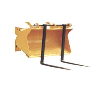 A yellow Hook Over Bucket Forks attachment from Haugen, designed with a simple hook-over design to easily fit tractor loader backhoes and wheel loaders.