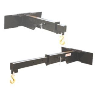 A black industrial jib for skid steer loaders, shown at two different lengths with a 5-ton eye hook attached to the end.