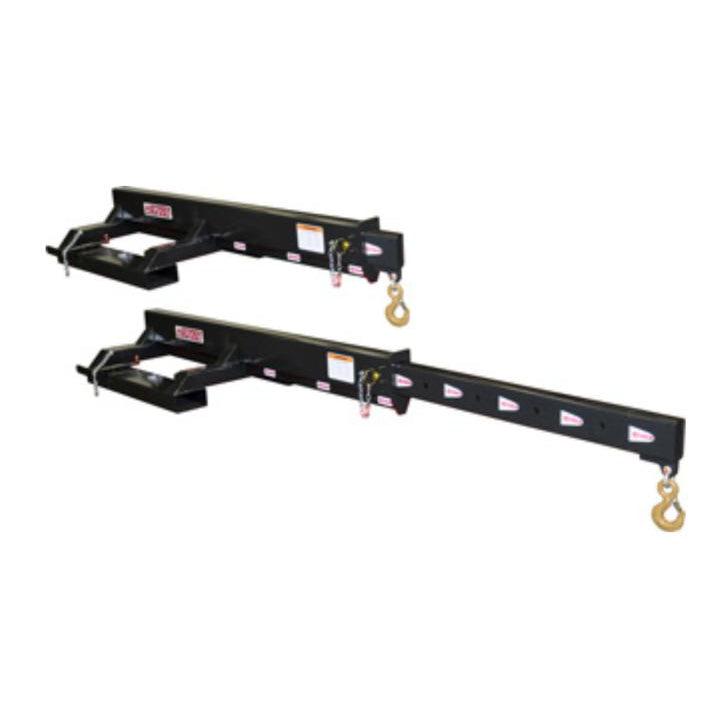 A pair of black Telehandler Industrial Jibs with a maximum adjustable length of 12 feet, featuring one 5-ton Crosby eye hook and shackle each.