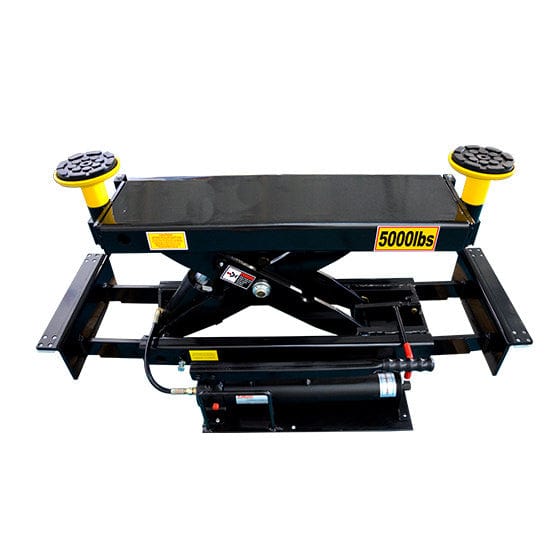 A black and yellow AMGO J5H Jacking Beam with a 5,000 lbs lifting capacity, featuring an extendable sliding assembly and adjustable arms, on a white background.