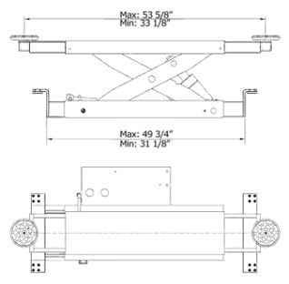 A technical drawing of the AMGO J5H Jacking Beam, displaying its key measurements including a runway width of 35 5/8 inches to 50 1/4 inches.