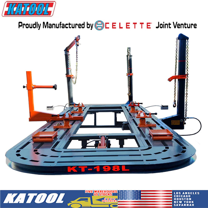 The Katool KT-198L Auto Body Frame Machine with its black, orange, and gray design. Overlay text indicates the machine is "Proudly Manufactured by CELETTE Joint Venture" and includes locations for Los Angeles, Houston, and Savannah warehouses.