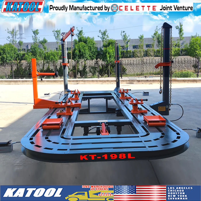 A wide shot of the Katool KT-198L frame machine in an outdoor setting. The image highlights the black and orange frame, two pulling towers, and the brand's US warehouse locations. The machine is a CELETTE Joint Venture product.