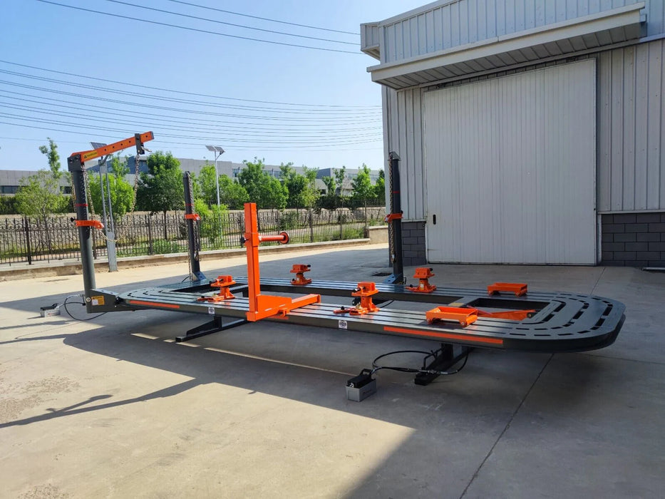 The Katool KT-198L Frame Machine is shown from a different angle in an outdoor setting. The image shows the two pulling towers, flexible support legs, and the tilt hydraulic lifting platform.