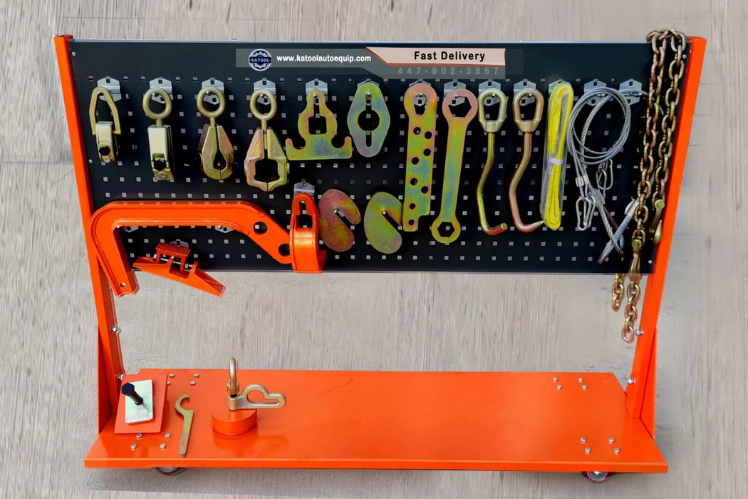 The Katool KT-198L tool board, featuring a variety of black, silver, and gold accessories, clamps, chains, and tools, with "Fast Delivery" text at the top. The board itself is orange and stands on small wheels.