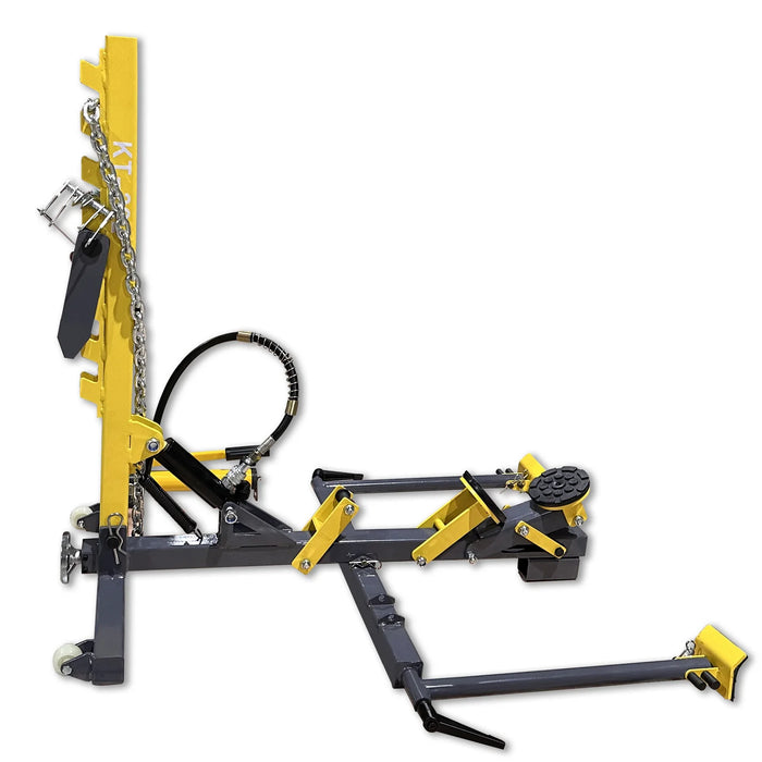 A yellow and black Katool KT-222 Quick Sheet Metal Repair Device from the side, with its pulling tower, hand pump, and chain with hooks laid out against a white background.