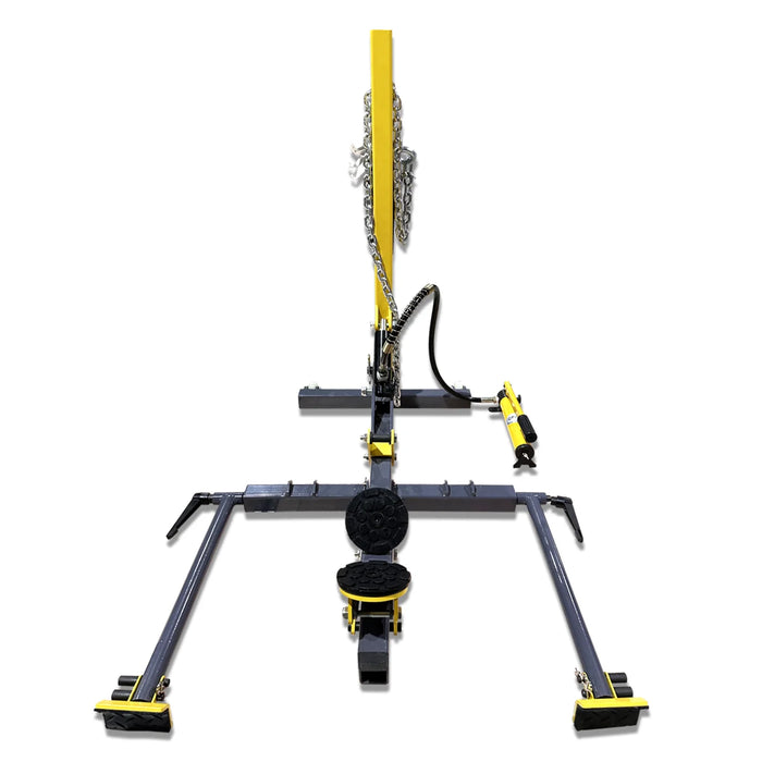 A full front view of the Katool KT-222 Quick Sheet Metal Repair Device with its four support arms extended, showing the hydraulic cylinder and chain mechanism for pulling.