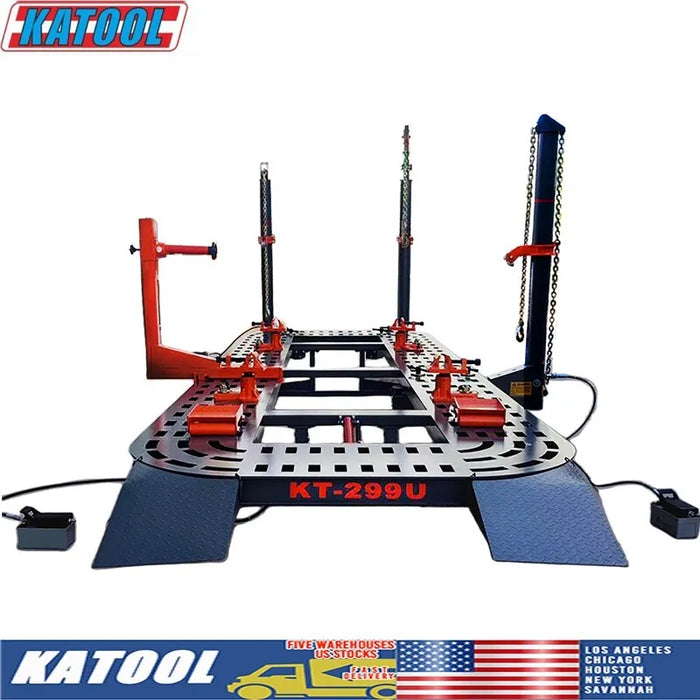 The Katool KT-299U Auto Body Frame Machine with its black frame and orange pulling towers on a white background. The image includes "Proudly Manufactured by CELETTE Joint Venture" and Katool's US warehouse locations.