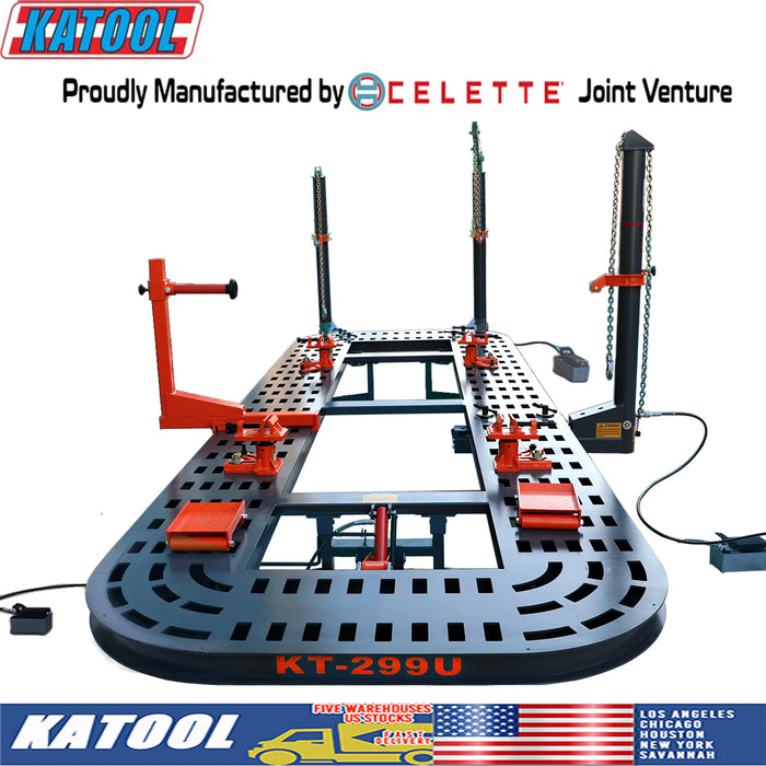 A wide shot of the Katool KT-299U Auto Body Frame Machine in a workshop setting, highlighting its black and orange frame, two pulling towers, and its "Proudly Manufactured by CELETTE Joint Venture" text.
