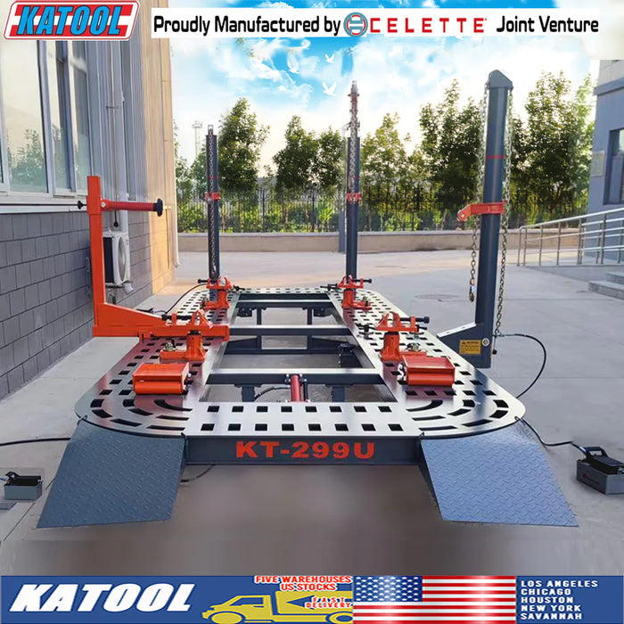 The Katool KT-299U Frame Machine with its sleek black and orange design, positioned outdoors. The image also displays the brand and model, with a tagline about being a "CELETTE Joint Venture" and listing various US locations.
