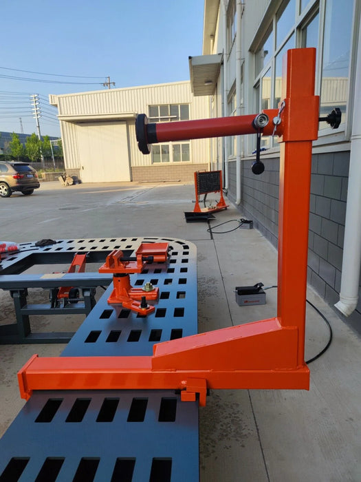 A detailed close-up of the orange pulling tower on the Katool KT-299U Auto Body Frame Machine. The image highlights the tower's durable build and its 360-degree rotation capability.