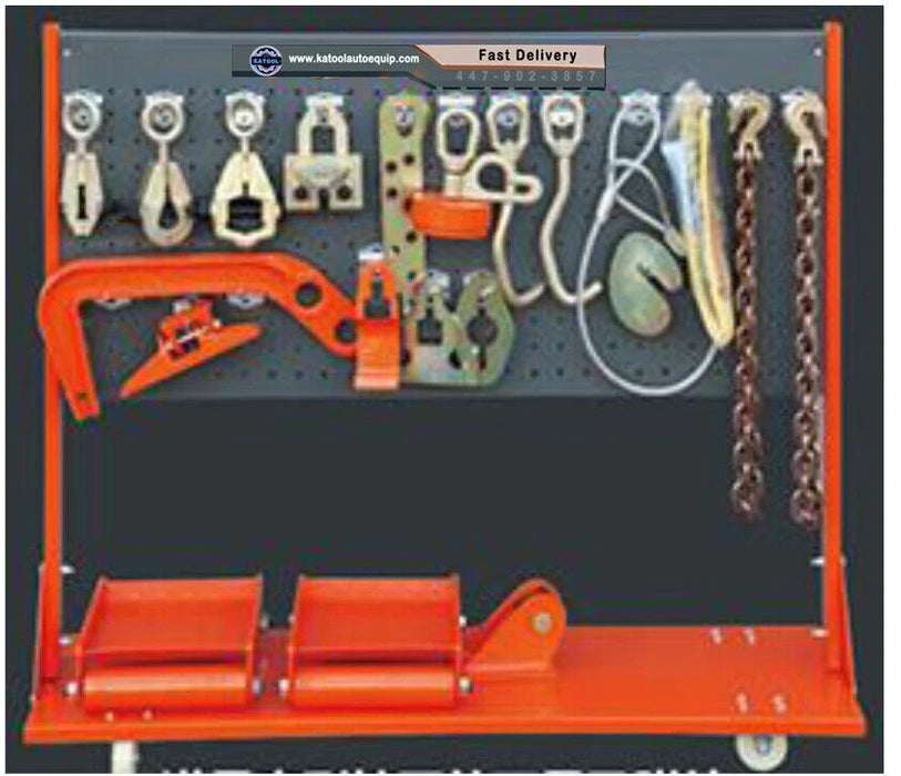 An orange and black Katool KT-299U tool board, showcasing a wide range of auto body repair accessories including chains, clamps, hooks, and a hydraulic pump, with "Fast Delivery" text at the top.