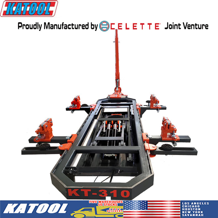 The Katool KT-310 frame machine is shown from a front angle on a white background with a text overlay of "Proudly Manufactured by CELETTE Joint Venture." The image also displays the Katool logo and the US flag, with a list of warehouse locations in Los Angeles, Houston, Chicago, New York, and Savannah.