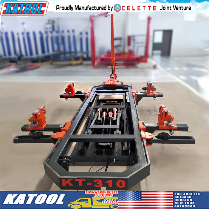 A front-angled view of the Katool KT-310 frame machine with orange clamps. The text overlay shows the Katool logo and "Proudly Manufactured by CELETTE Joint Venture," along with the US flag and warehouse locations.