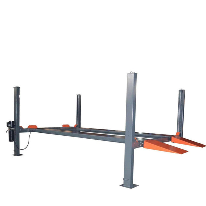 A full, head-on view of the Katool KT-4H110 4-post car lift on a white background, featuring its black posts, dark gray runways, and bright orange approach ramps