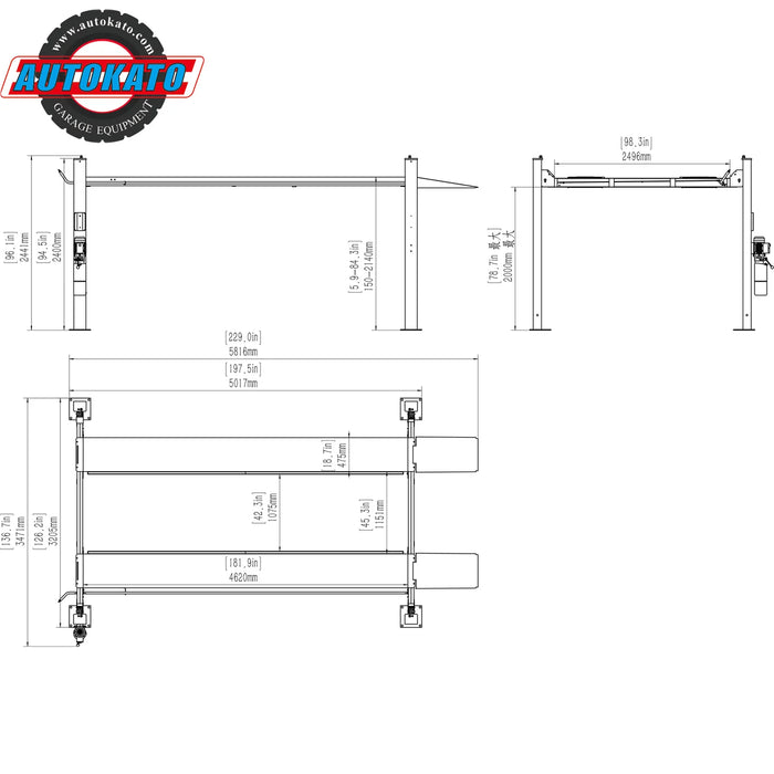 An engineering schematic of the Katool KT-4H110 4-post vehicle lift, showing multiple views with specific measurements, including top-down and side profiles with the lifting arms