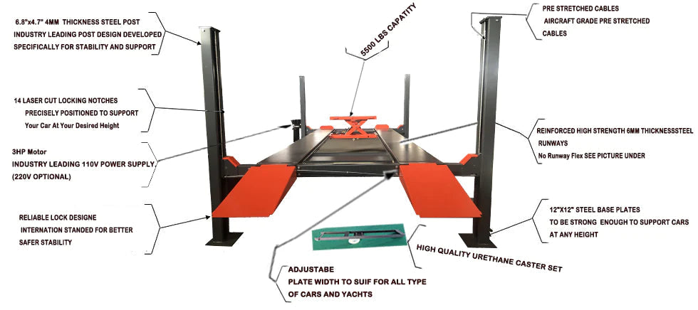 A comprehensive diagram of the Katool KT-4H110 4-post vehicle lift, highlighting key features with labels pointing to the steel posts, safety locks, non-slip platforms, drip trays, and included accessories