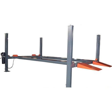 A full view of the Katool KT-4H110 4-post car lift on a white background, featuring a gray frame, black hydraulic power unit, and bright orange approach ramps