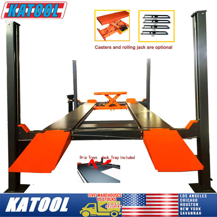A detailed view of the gray Katool KT-4H110 4-post car lift with orange ramps, including a graphic overlay that specifies optional casters and rolling jacks, and included drip trays