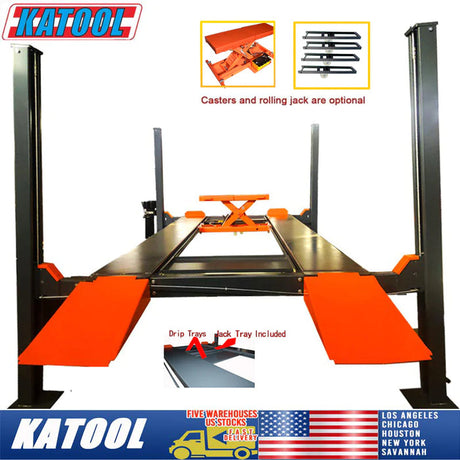 A detailed view of the gray Katool KT-4H110 4-post car lift with orange ramps, including a graphic overlay that specifies optional casters and rolling jacks, and included drip trays