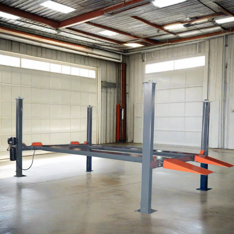 An image of the Katool KT-4H110 4-post vehicle lift, showing a side view with measurements for the overall height, maximum lifting height, and overall length