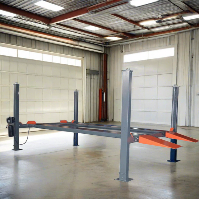 An image of the Katool KT-4H110 4-post vehicle lift, showing a side view with measurements for the overall height, maximum lifting height, and overall length