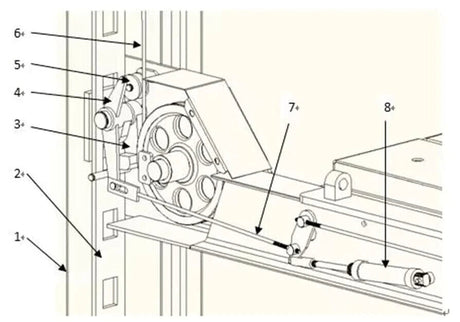 A technical diagram of the internal components of the Katool KT-4H150 4-post lift, showing the cable and pulley system with numbered parts.