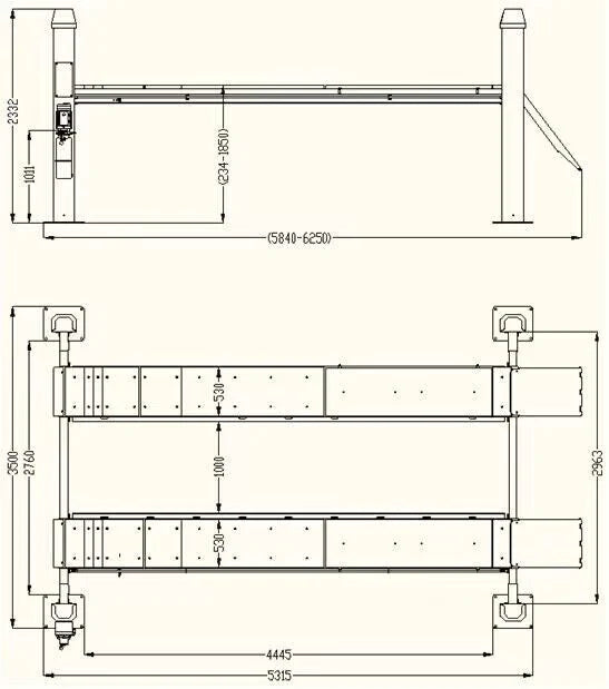 An architectural diagram of the Katool KT-4H150 4-post car lift from the side and top view, including measurements in both inches and millimeters.