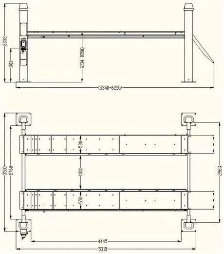 An architectural diagram of the Katool KT-4H150 4-post car lift from the side and top view, including measurements in both inches and millimeters.