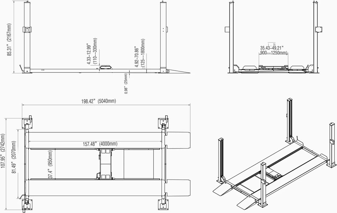 A detailed engineering schematic of the Katool 4-post car lift, with specific dimensions and measurements for all components, including the wheelbase, lifting height, and overall length